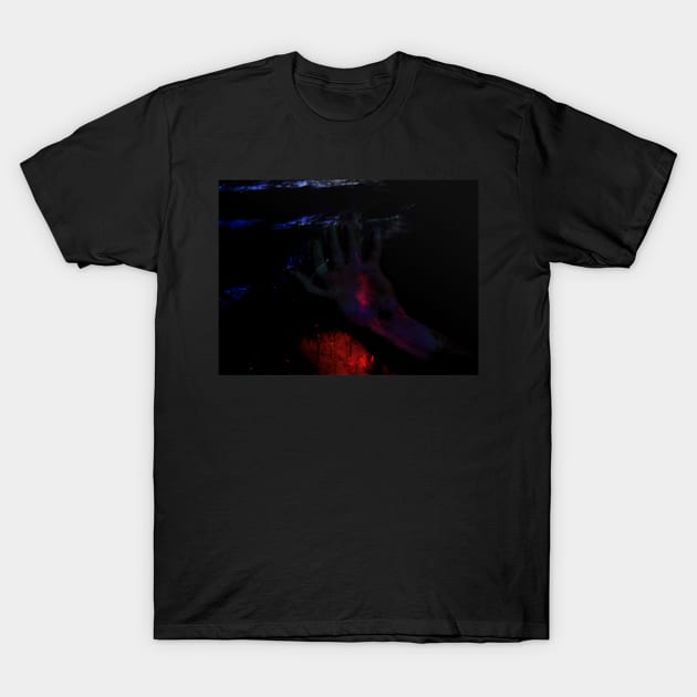 Digital collage, special processing. Hand laying on some wet surface. Psychedelic. Dark, dim. Light in center of palm. T-Shirt by 234TeeUser234